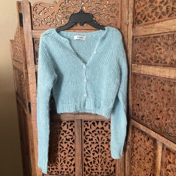 DANIELLE GUIZIO Blue Mohair Fuzzy Cropped Cardigan XS/S - Picture 2 of 2